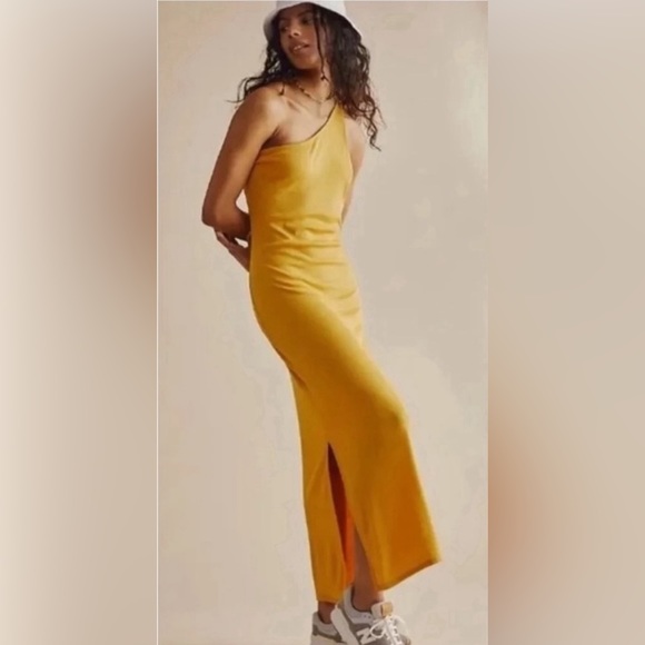 Free People Saturday Night Midi Dress Taupe One Shoulder Ribbed - Picture 2 of 3